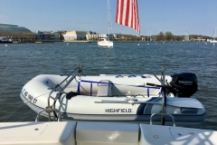 Our new RIB on the back of Reverie, Annapolis Inner Harbor.