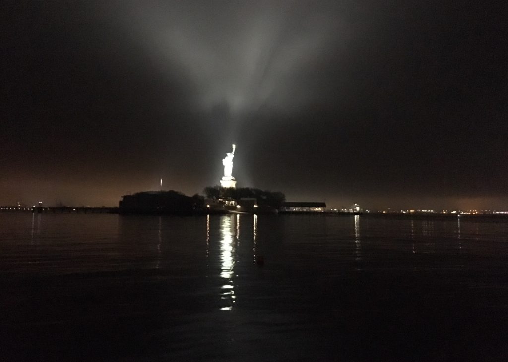 Statue of Liberty at night.